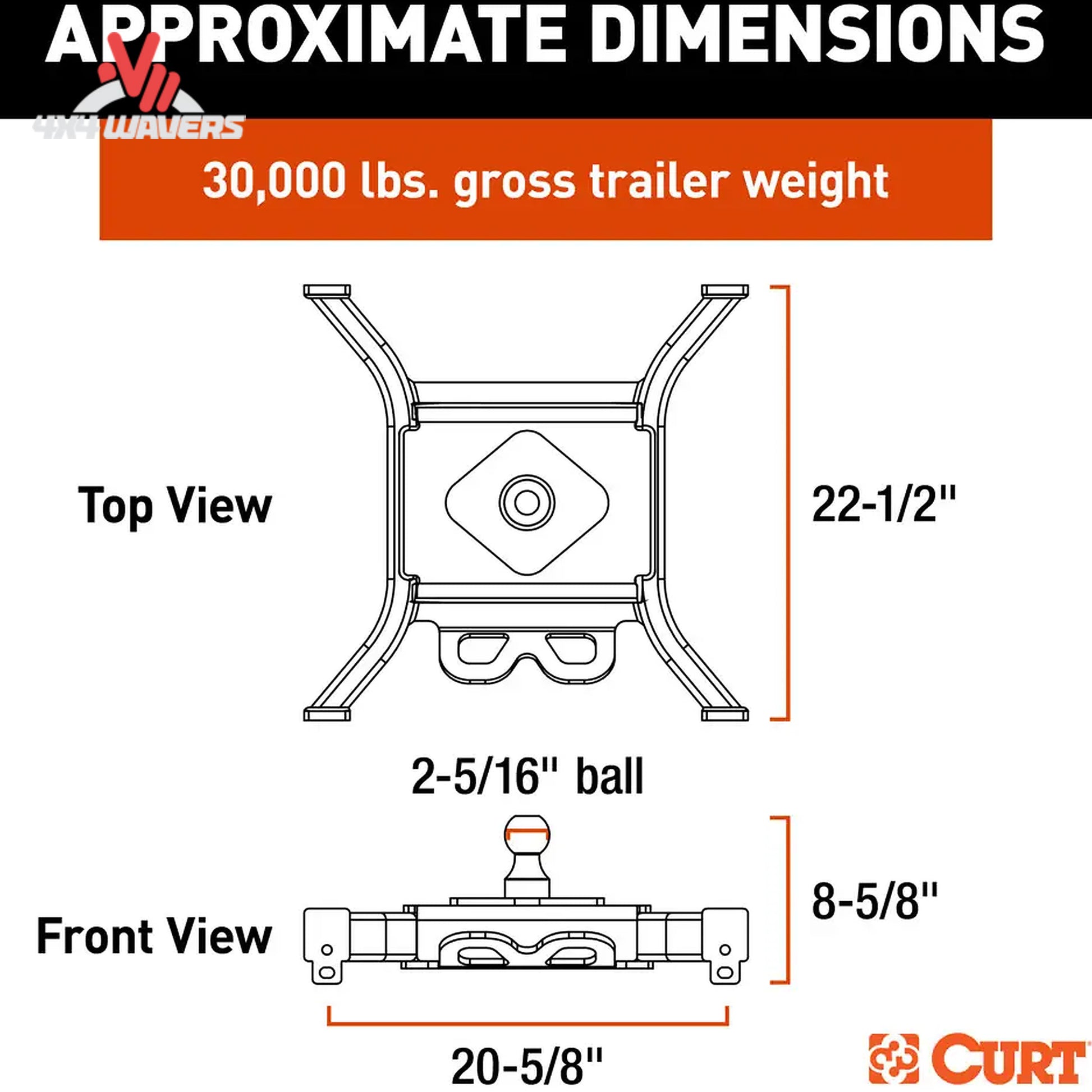 CURT Spyder 5th Wheel Rail Gooseneck Hitch with 30K capacity and 2-5/16 inch ball for heavy-duty towing.