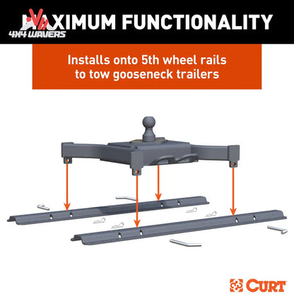 CURT Spyder 5th wheel rail gooseneck hitch with safety chain loops and 2-5/16 inch ball for heavy-duty towing.