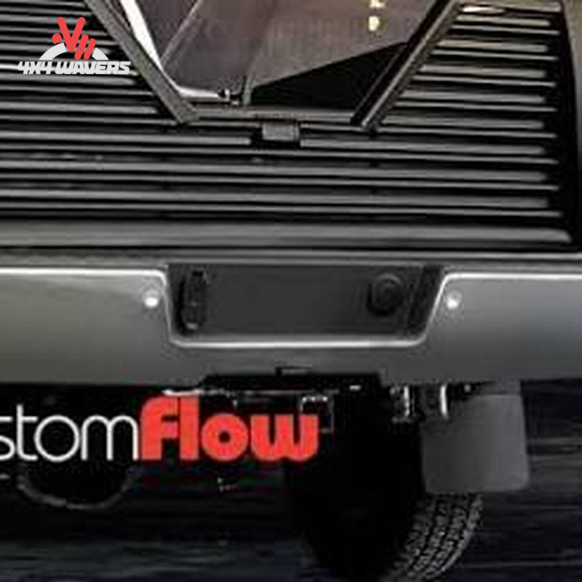 Custom Flow Tailgate backup camera bracket installed on a Ford F150 tailgate, compatible with 2013-2022 models, featuring a louvered design.