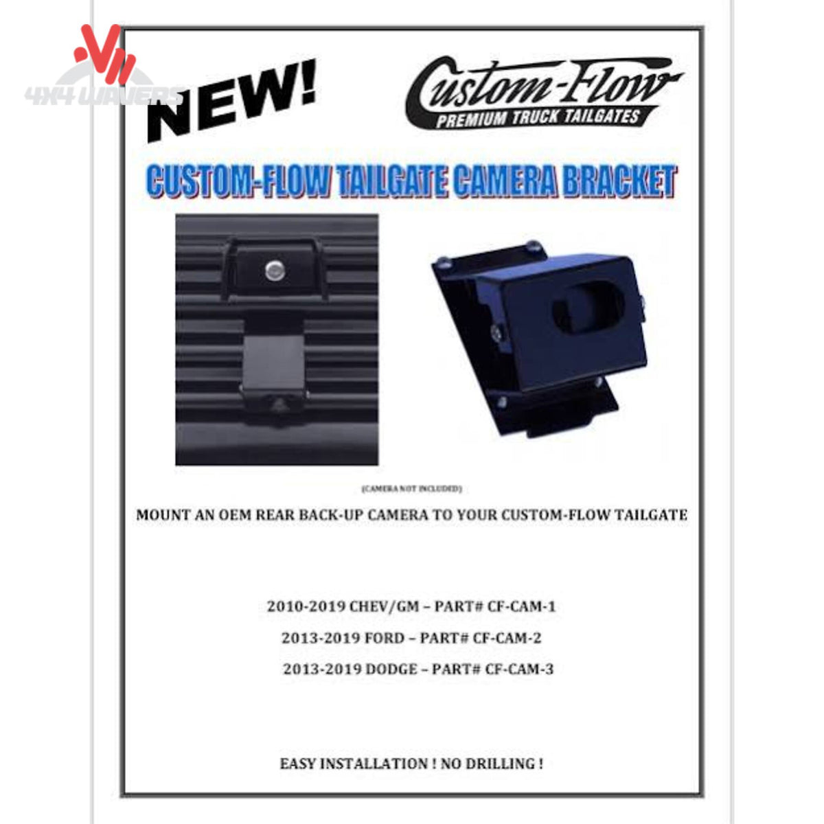 Custom Flow Tailgate Backup Camera Bracket for 2013-2022 Ford F150 and Super Duty trucks, mounted on tailgate.