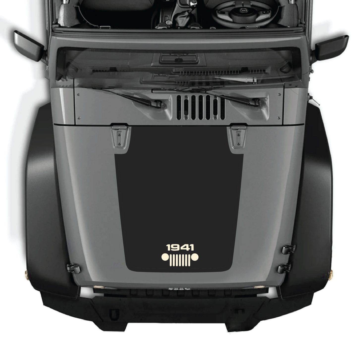 Jeep Wrangler JK JKU hood decal with 1941 grill graphic, CarCode premium vinyl sticker on vehicle hood.