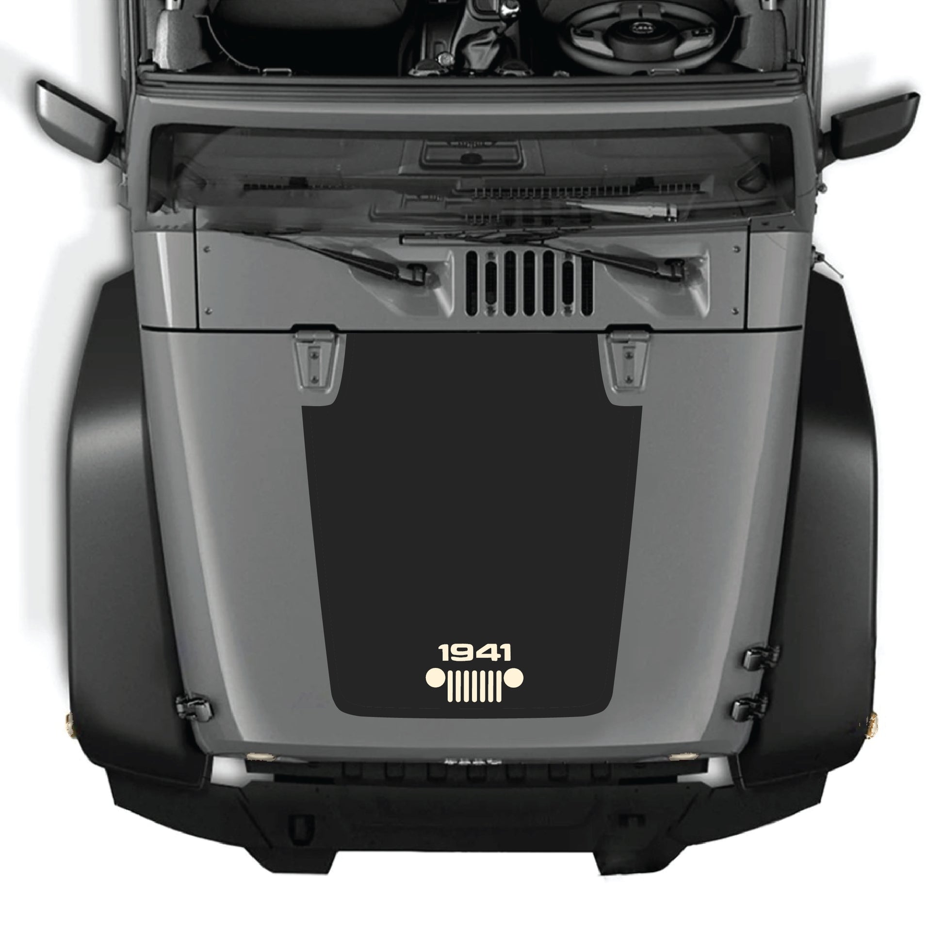 Jeep Wrangler JK JKU hood decal with 1941 grill graphic, CarCode premium vinyl sticker on vehicle hood.