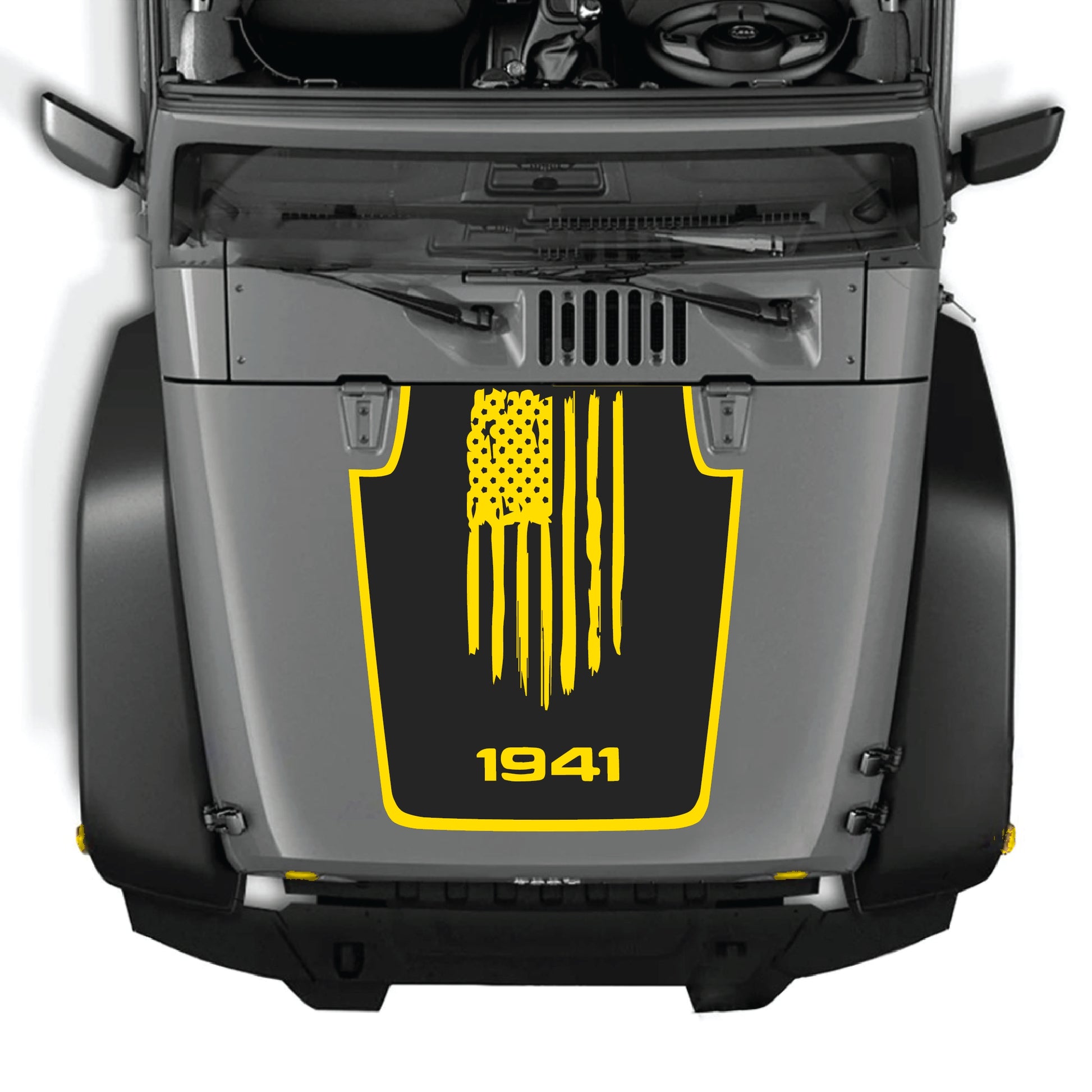Jeep Wrangler JK hood decal featuring a 1941 American flag border graphic in premium vinyl by CarCode.