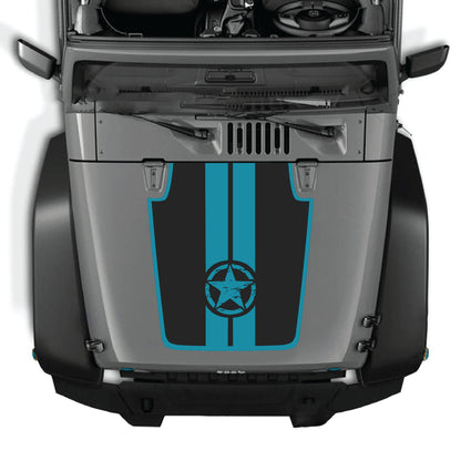 CarCode hood decal with star and stripes design on a Jeep Wrangler JK JKU, made of premium vinyl for a bold, stylish look.