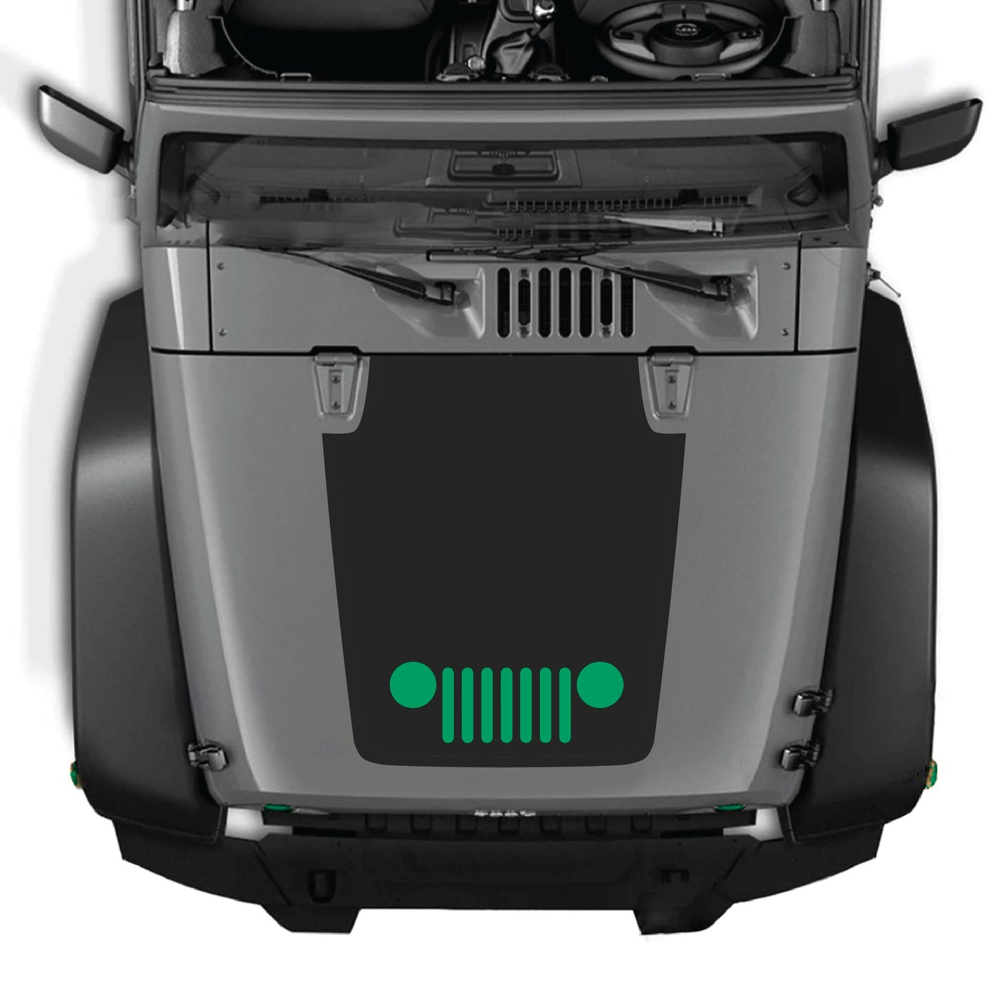 Jeep Wrangler JK hood decal graphic kit by CarCode featuring center grill design on premium vinyl for 2007-2018 models.