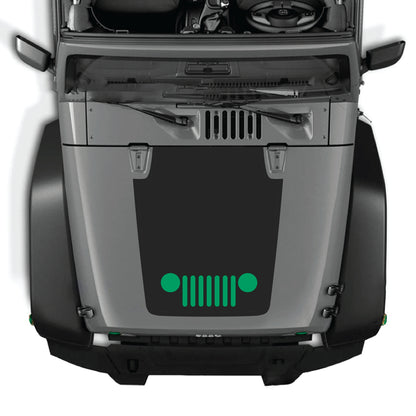 Jeep Wrangler JK hood decal graphic kit by CarCode featuring center grill design on premium vinyl for 2007-2018 models.
