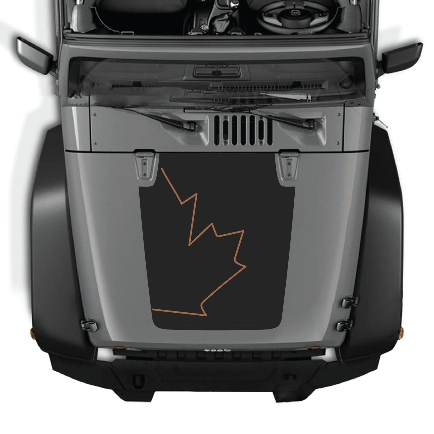 Canada full leaf hood decal graphic kit by CarCode on a Jeep Wrangler JK JKU, made of durable premium vinyl.
