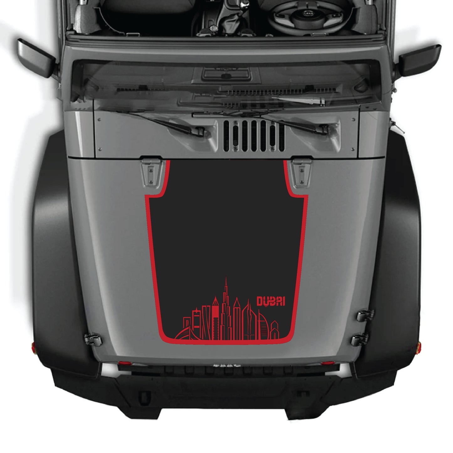 Dubai hood decal with border graphic kit on Jeep Wrangler JK JKU, made of premium vinyl, featuring bold design and vibrant colors.