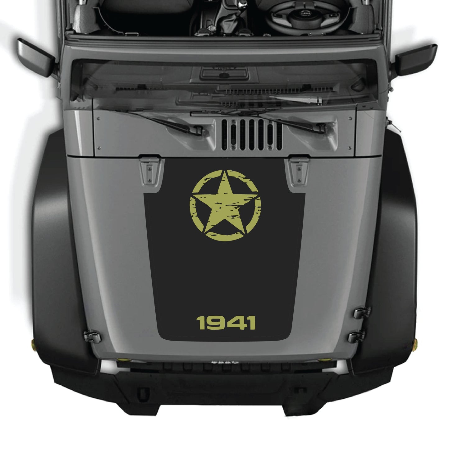 Jeep Wrangler JK JKU hood decal with 1941 star graphic, premium vinyl CarCode sticker for 2007-2018 models.