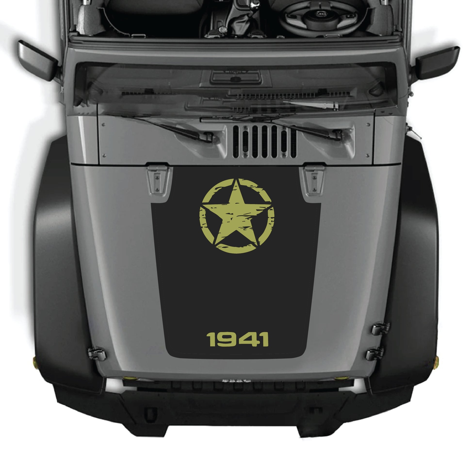 Jeep Wrangler JK JKU hood decal with 1941 star graphic, premium vinyl CarCode sticker for 2007-2018 models.