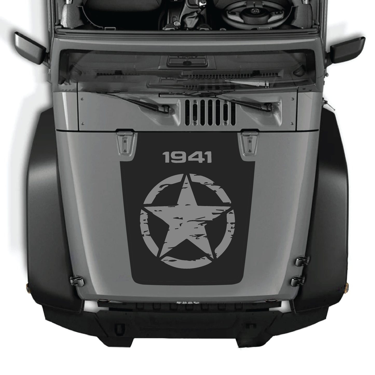 Full star Jeep Wrangler hood decal by CarCode, 1941 graphic kit, premium vinyl sticker for JK JKU models 2007-2018.