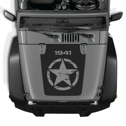 Full star Jeep Wrangler hood decal by CarCode, 1941 graphic kit, premium vinyl sticker for JK JKU models 2007-2018.