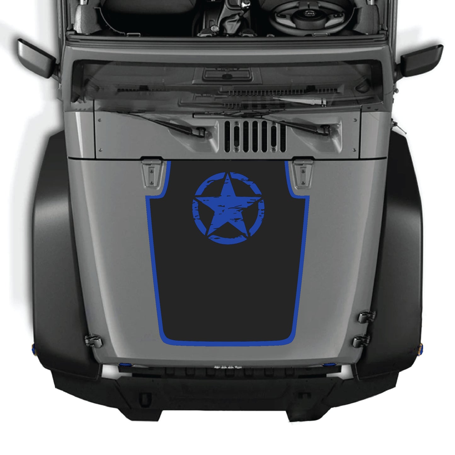 Jeep Wrangler JK JKU hood decal featuring a top star graphic with border, made of premium vinyl for a sleek look.