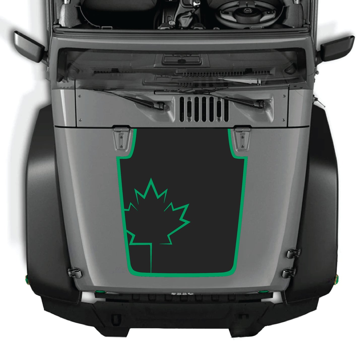 Canada leaf hood decal with border graphic for Jeep Wrangler JK JKU, made of premium vinyl by CarCode.
