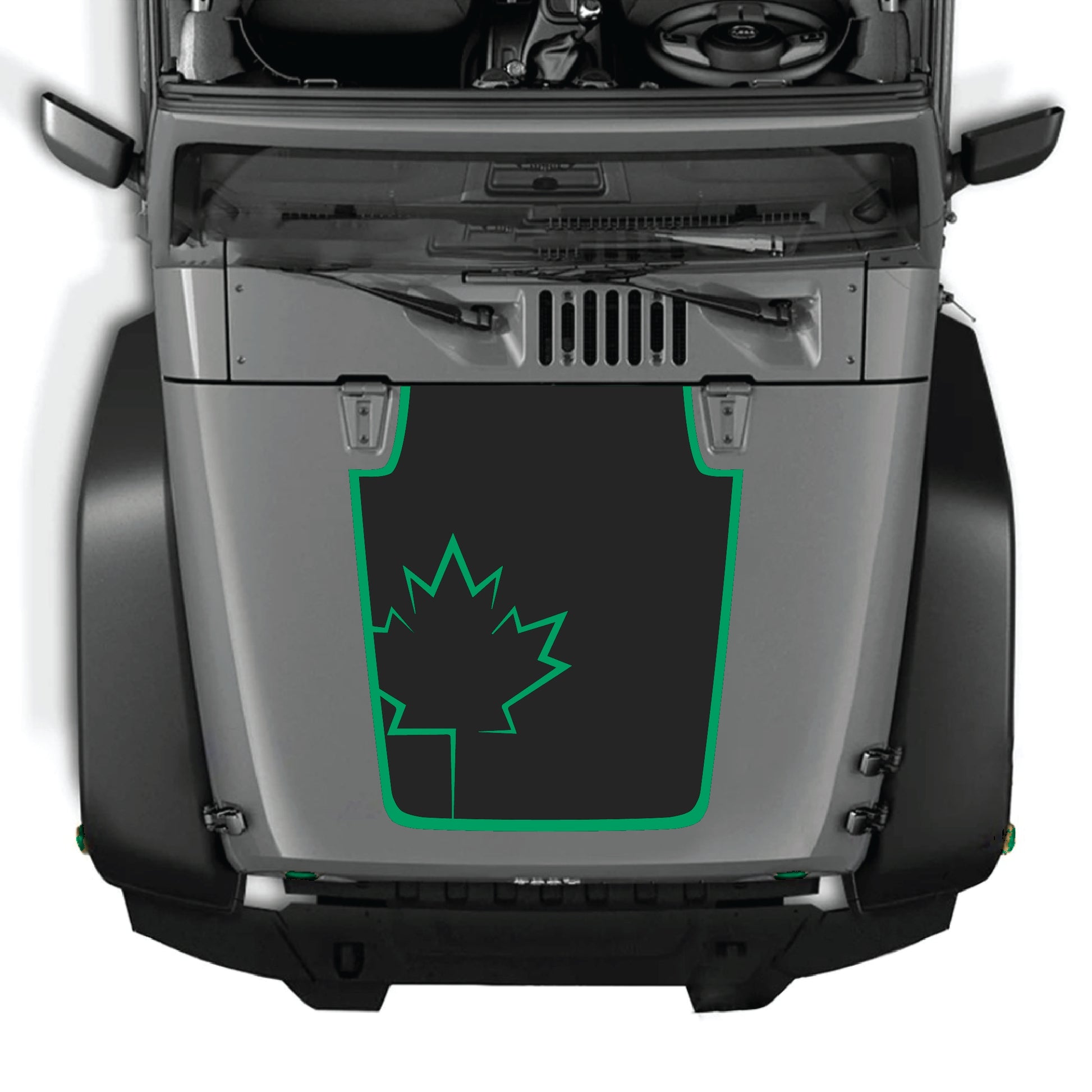 Canada leaf hood decal with border graphic for Jeep Wrangler JK JKU, made of premium vinyl by CarCode.