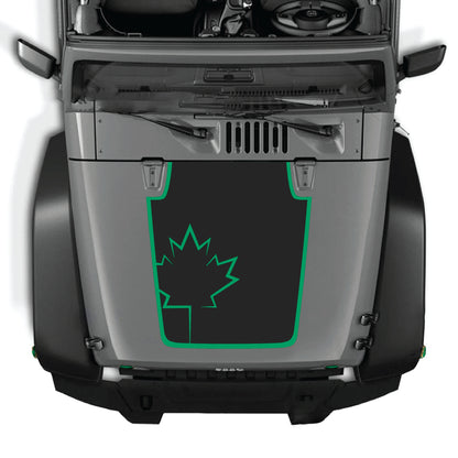 Canada leaf hood decal with border graphic for Jeep Wrangler JK JKU, made of premium vinyl by CarCode.