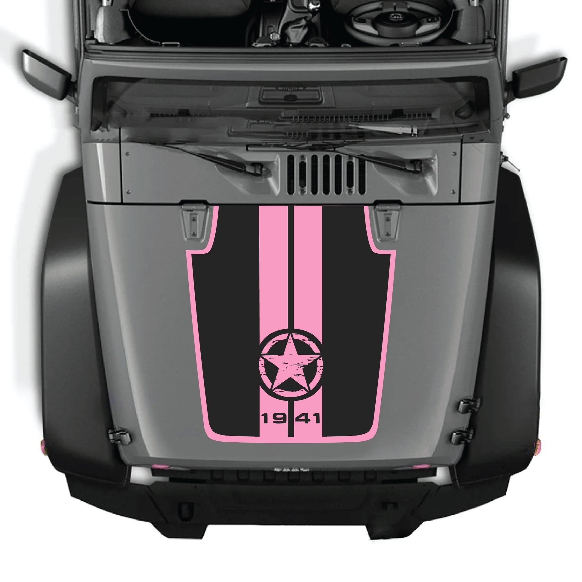Jeep Wrangler JK hood decal with 1941 star and stripes border graphic, CarCode premium vinyl sticker on black hood.