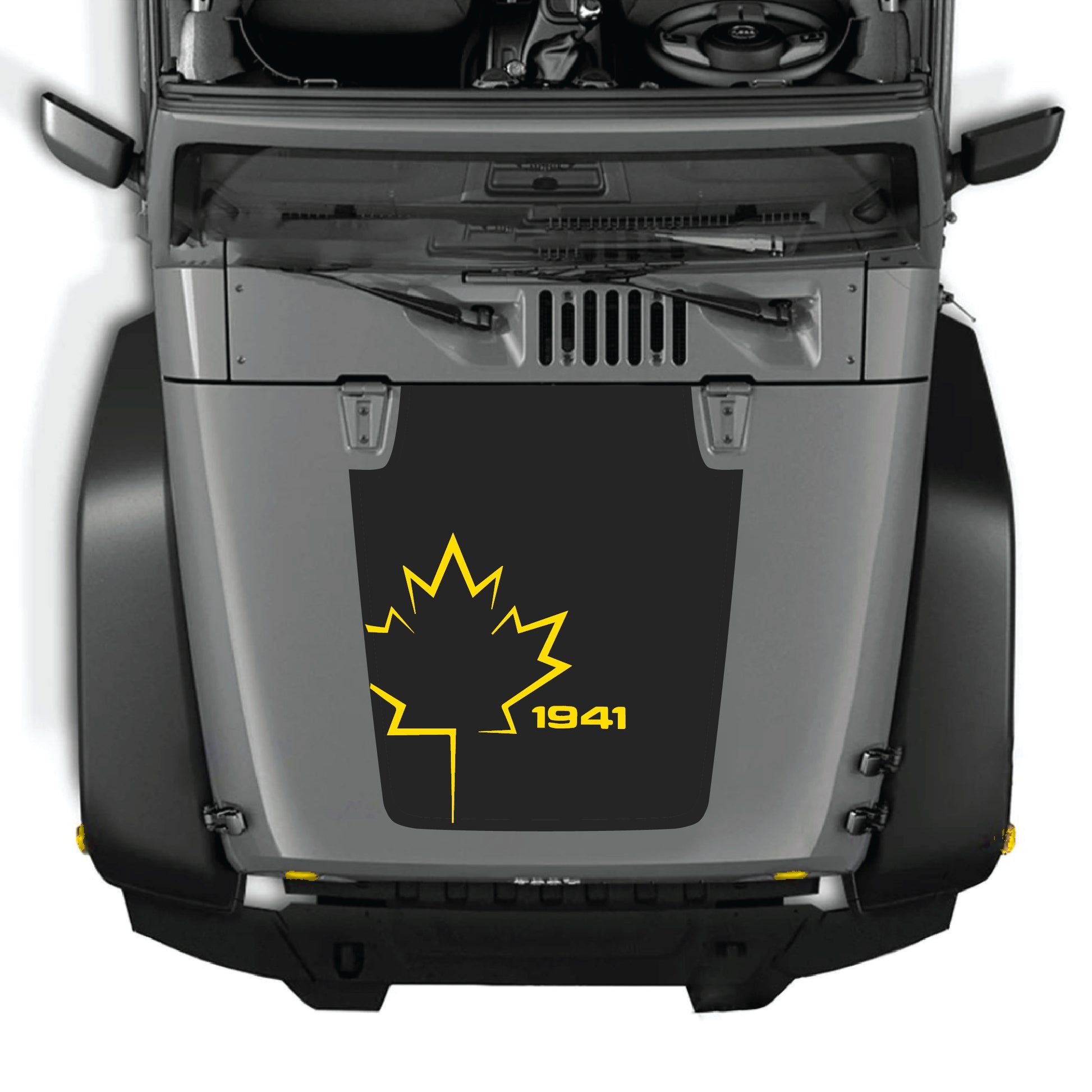 Canada leaf hood decal for Jeep Wrangler JK JKU 2007-2018, CarCode premium vinyl graphic kit with 1941 design.