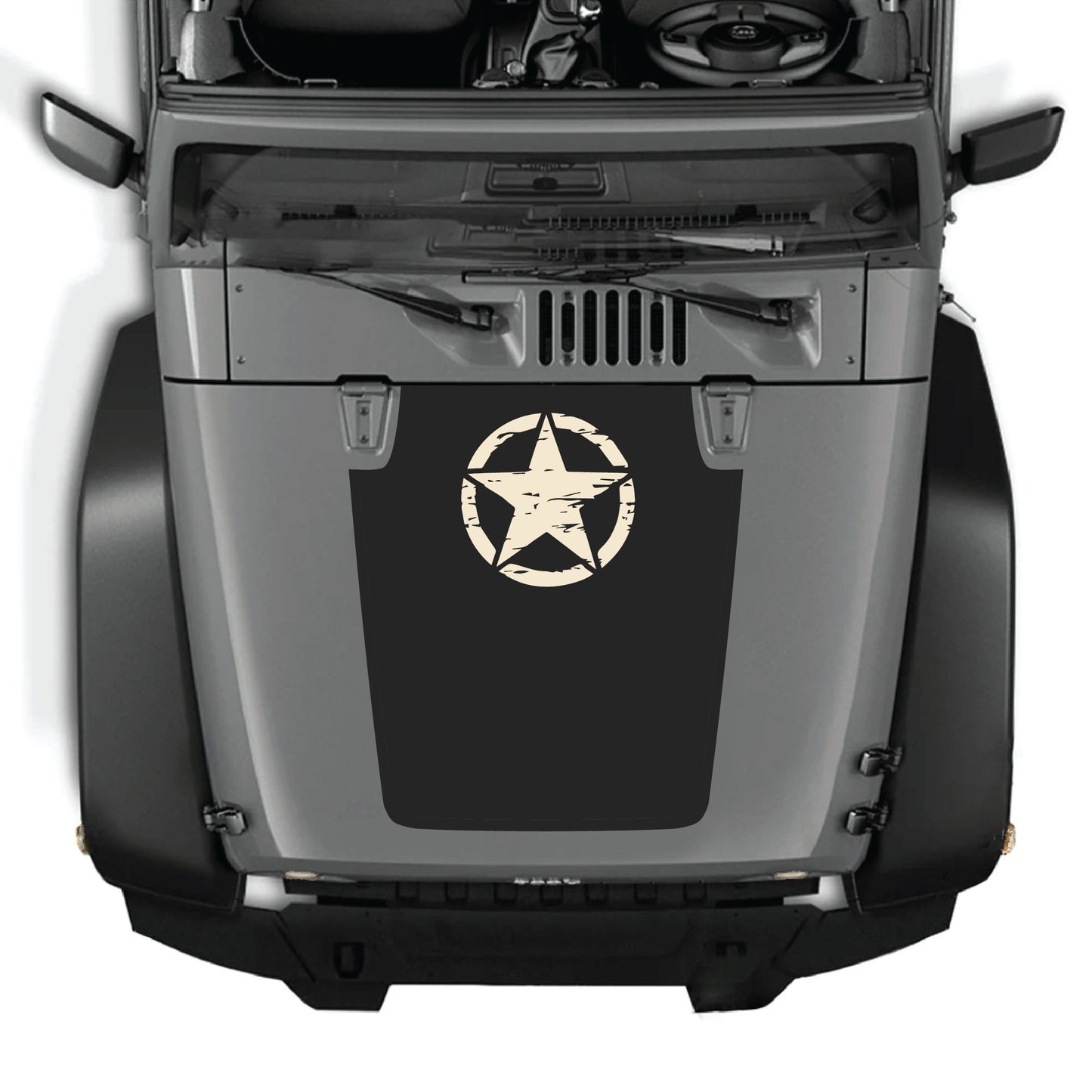 Jeep Wrangler JK JKU hood decal graphic kit featuring a top star design in premium vinyl by CarCode.