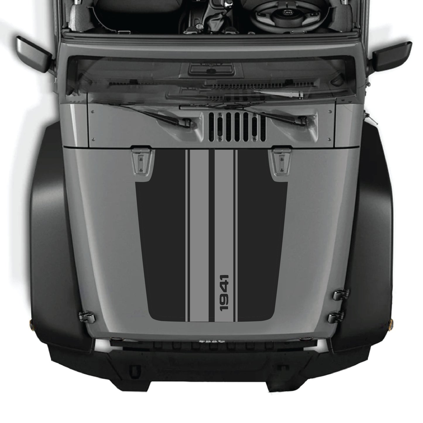 Jeep Wrangler JK hood decal with 1941 stripes graphic, premium vinyl CarCode sticker kit for 2007-2018 Jeep models.