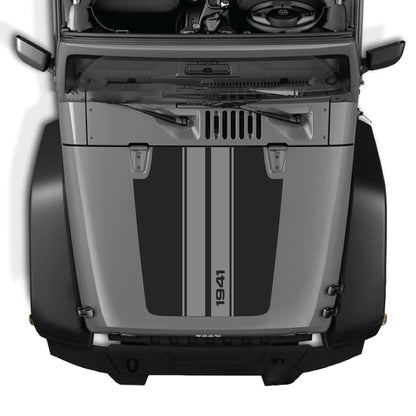 Jeep Wrangler JK hood decal with 1941 stripes graphic, premium vinyl CarCode sticker kit for 2007-2018 Jeep models.