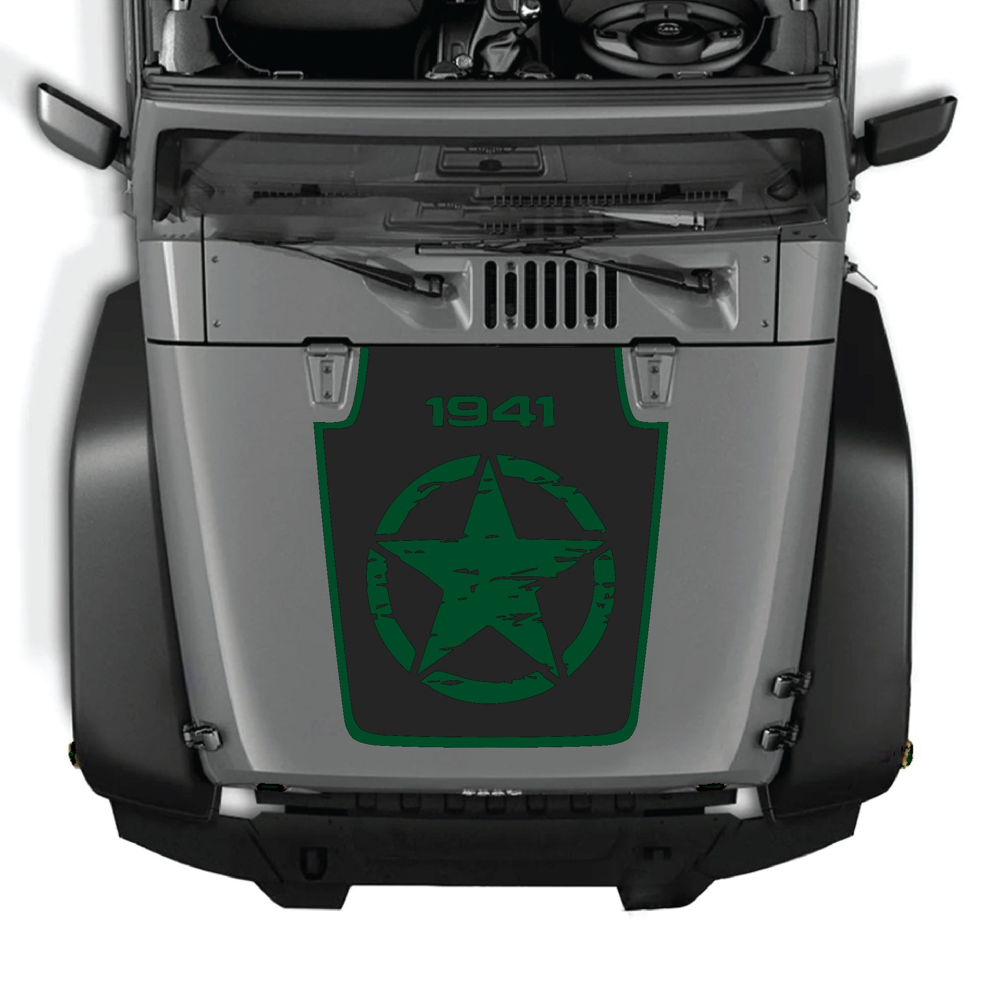 Jeep Wrangler JK JKU hood decal featuring a full star with border graphic in black and white vinyl by CarCode.