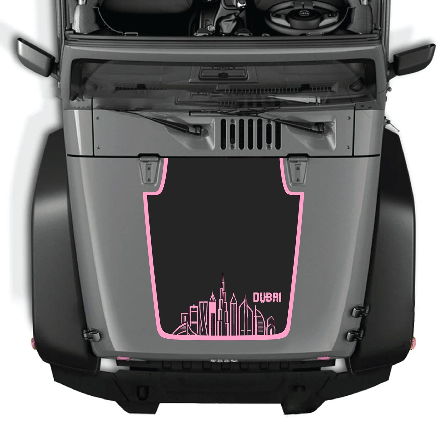 CarCode Dubai hood decal with border graphic kit on Jeep Wrangler JK JKU 2007-2018, premium vinyl sticker, detailed desert skyline design.