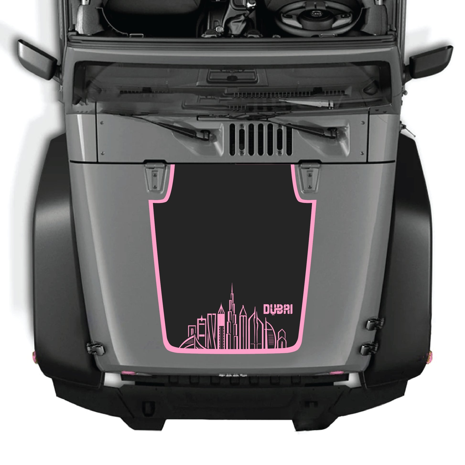 CarCode Dubai hood decal with border graphic kit on Jeep Wrangler JK JKU 2007-2018, premium vinyl sticker, detailed desert skyline design.
