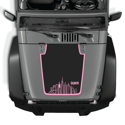 CarCode Dubai hood decal with border graphic kit on Jeep Wrangler JK JKU 2007-2018, premium vinyl sticker, detailed desert skyline design.