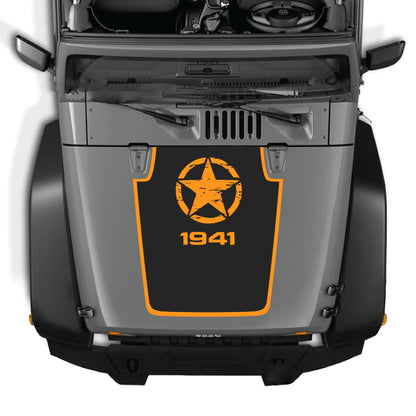 Jeep Wrangler JK JKU hood decal with Top Star 1941 border graphic in black premium vinyl by CarCode.