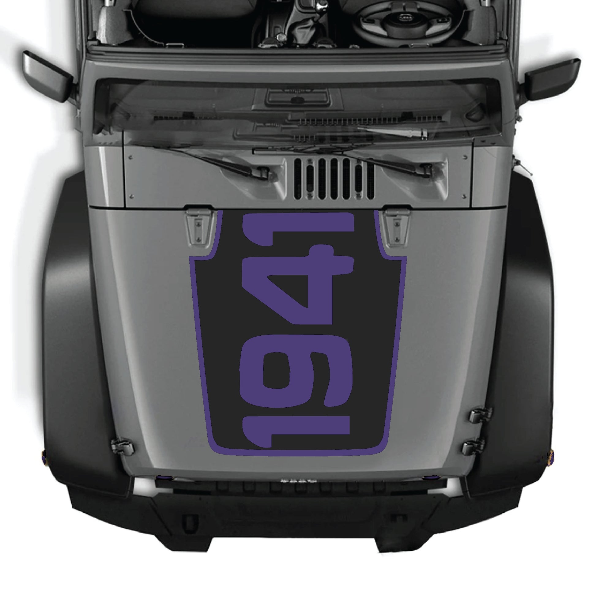 Jeep Wrangler JK JKU hood decal kit featuring "1941" with border graphic in black premium vinyl, designed for 2007-2018 models.