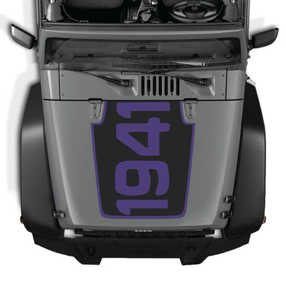 Jeep Wrangler JK JKU hood decal kit featuring "1941" with border graphic in black premium vinyl, designed for 2007-2018 models.