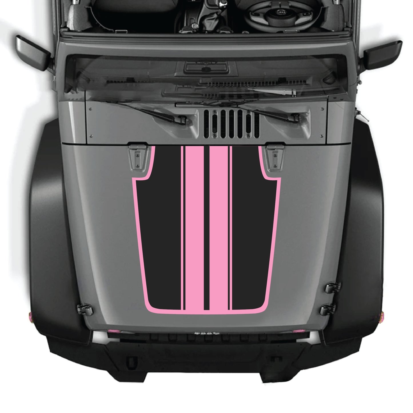 Jeep Wrangler JK hood decal with black and white stripe design and border, premium vinyl CarCode graphic kit for 2007-2018 models.