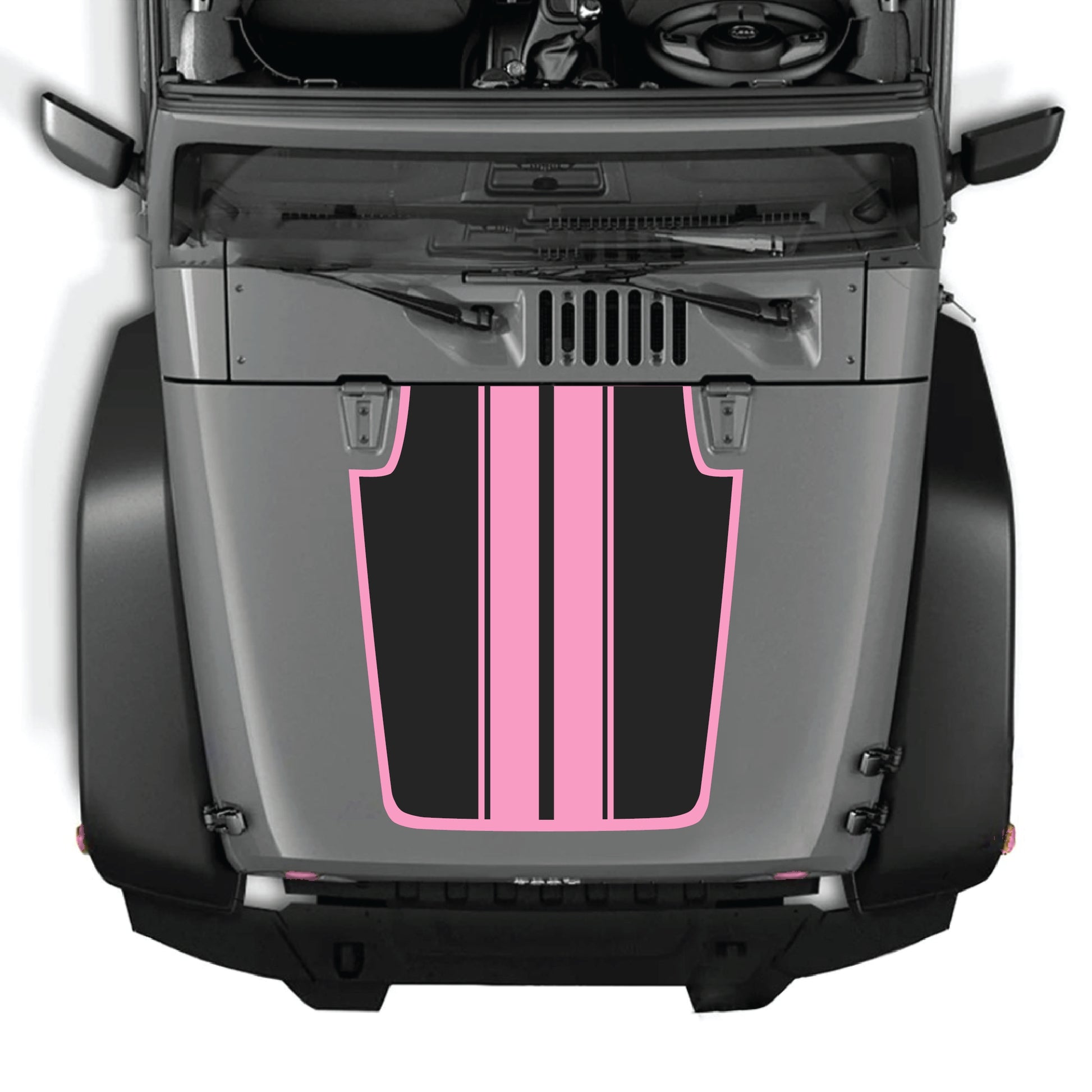 Jeep Wrangler JK hood decal with black and white stripe design and border, premium vinyl CarCode graphic kit for 2007-2018 models.