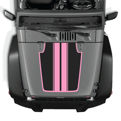 Jeep Wrangler JK hood decal with black and white stripe design and border, premium vinyl CarCode graphic kit for 2007-2018 models.