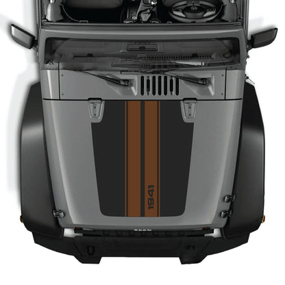 Jeep Wrangler JK hood decal with 1941 stripes graphic kit in black and white premium vinyl, designed by CarCode.