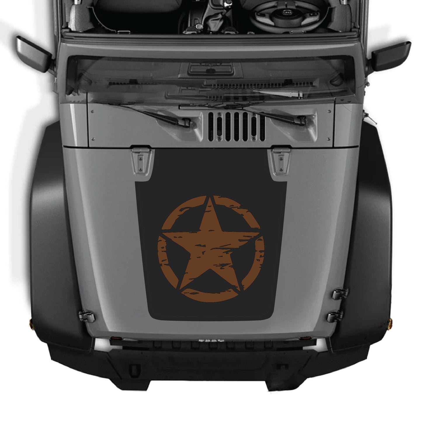Full star hood decal graphic kit for Jeep Wrangler JK JKU, made of premium vinyl, featuring bold star design on the hood.