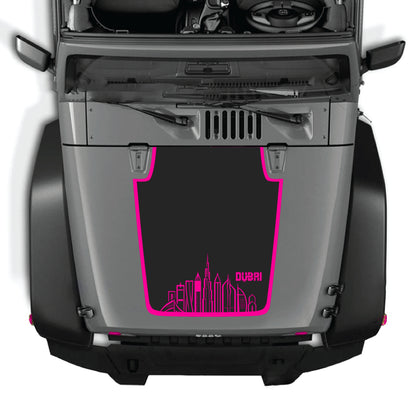 Dubai hood decal sticker with border graphic kit on a Jeep Wrangler JK JKU 2007-2018, made of premium vinyl by CarCode.