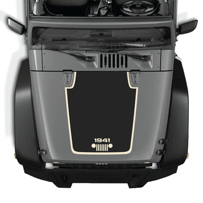 Jeep Wrangler JK JKU hood decal featuring 1941 grill border graphic from CarCode, made of premium vinyl for exterior styling.