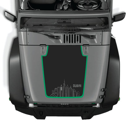 Kit gráfico de calcomanías de Dubái para capó de Jeep Wrangler JK JKU, hecho de vinilo premium con diseño audaz inspirado en Dubái de CarCode.
