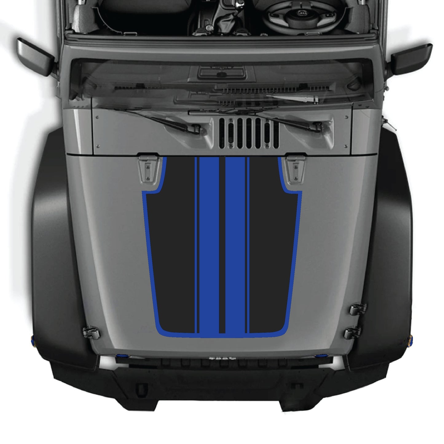 Jeep Wrangler JK JKU hood decal with stripe and border graphic kit in black and gray, made of premium vinyl by CarCode.