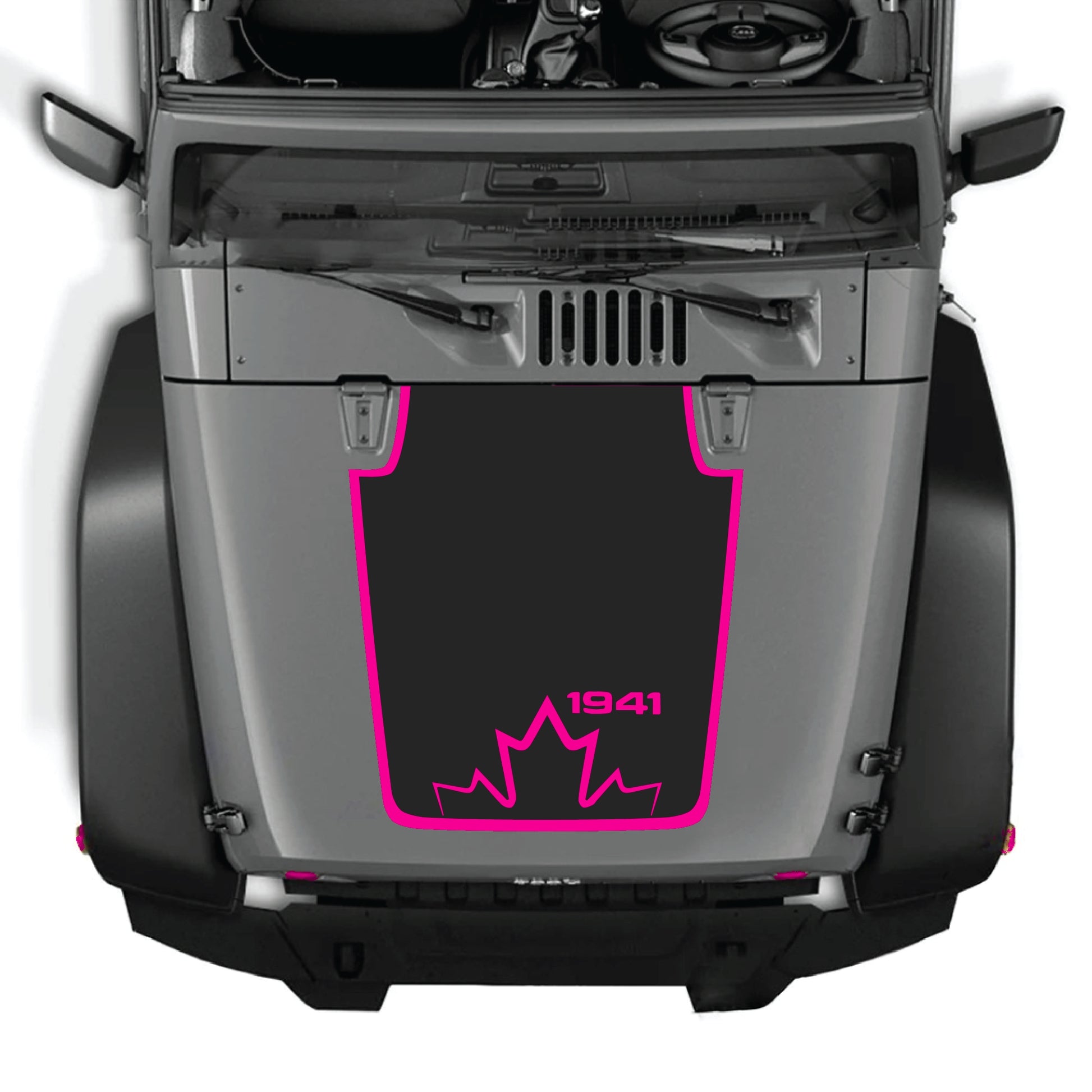 Canada 1941 hood panel decal by CarCode on Jeep Wrangler JK JKU, featuring a border decal graphic in premium vinyl.