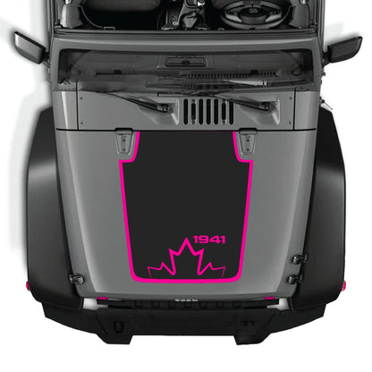 Canada 1941 hood panel decal by CarCode on Jeep Wrangler JK JKU, featuring a border decal graphic in premium vinyl.