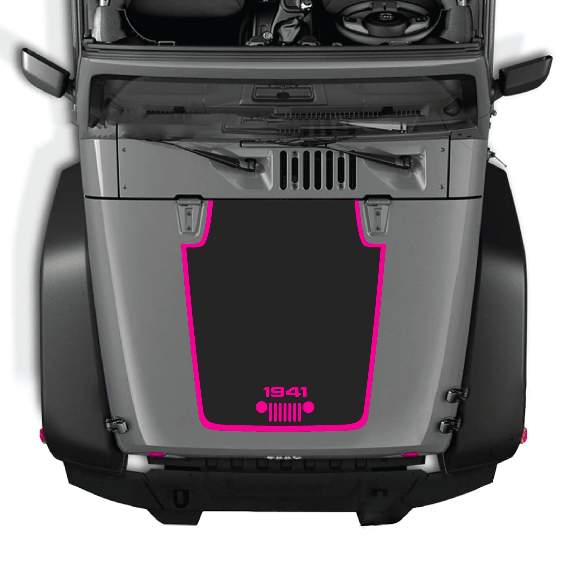 Jeep Wrangler JK hood decal featuring 1941 grill border graphic in black premium vinyl, designed for 2007-2018 models.