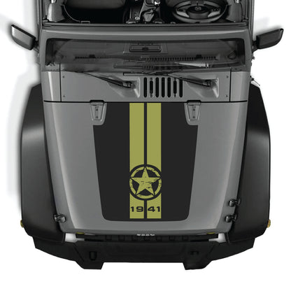 Jeep Wrangler JK hood decal with 1941 star and stripes graphic in black and white vinyl, designed for 2007-2018 models.