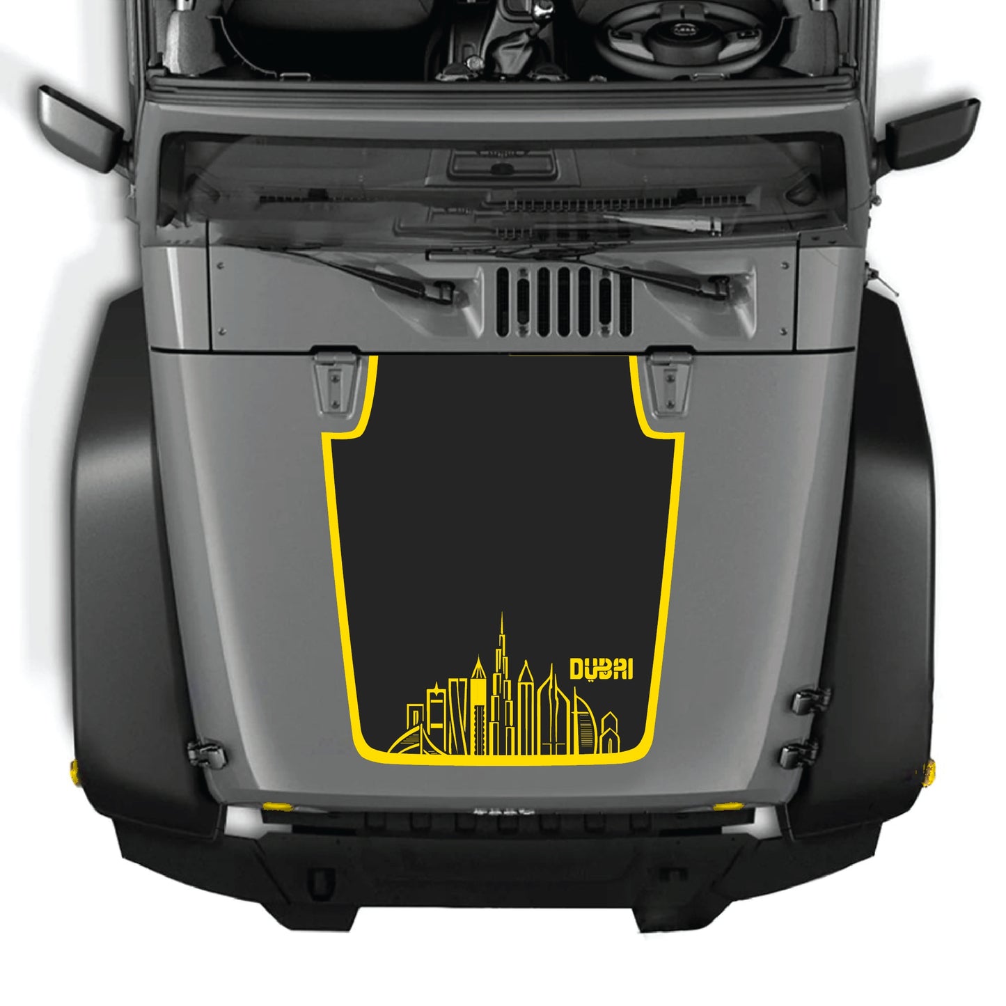 Dubai hood decal with border graphic kit on a Jeep Wrangler JK JKU, made of premium vinyl, designed for 2007-2018 models.