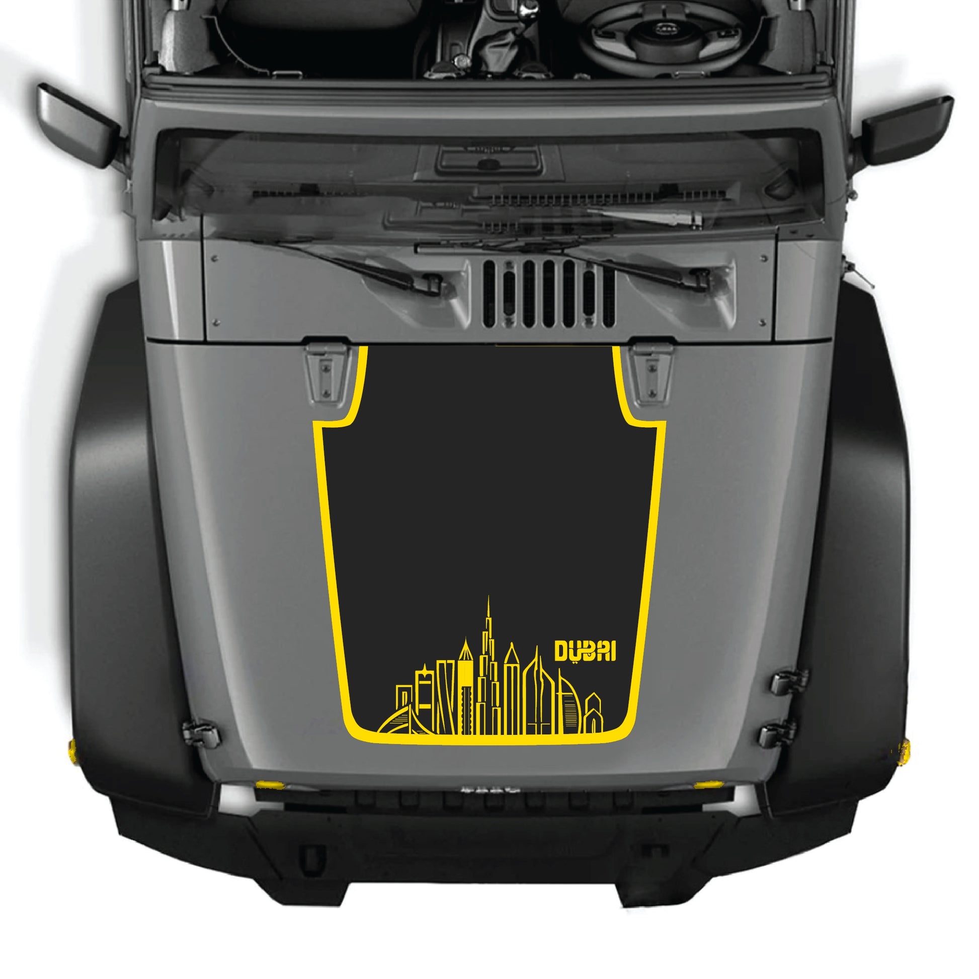 Dubai hood decal with border graphic kit on a Jeep Wrangler JK JKU, made of premium vinyl, designed for 2007-2018 models.