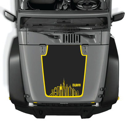 Dubai hood decal with border graphic kit on a Jeep Wrangler JK JKU, made of premium vinyl, designed for 2007-2018 models.