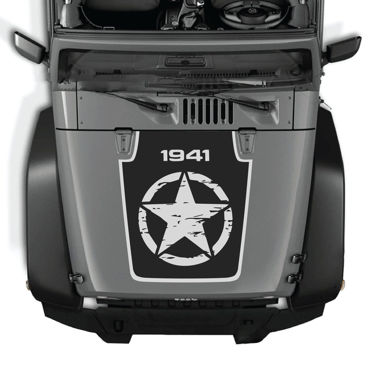 CarCode Jeep Wrangler hood decal featuring a full star 1941 design with border, made of premium vinyl for JK JKU models 2007-2018.