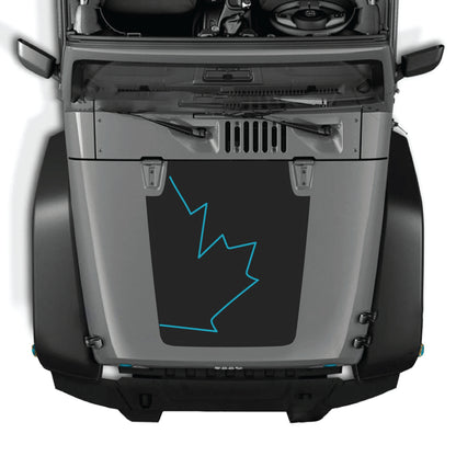Canada full leaf hood decal graphic kit on a Jeep Wrangler JK JKU, made of premium vinyl, featuring bold Canadian maple leaf design.